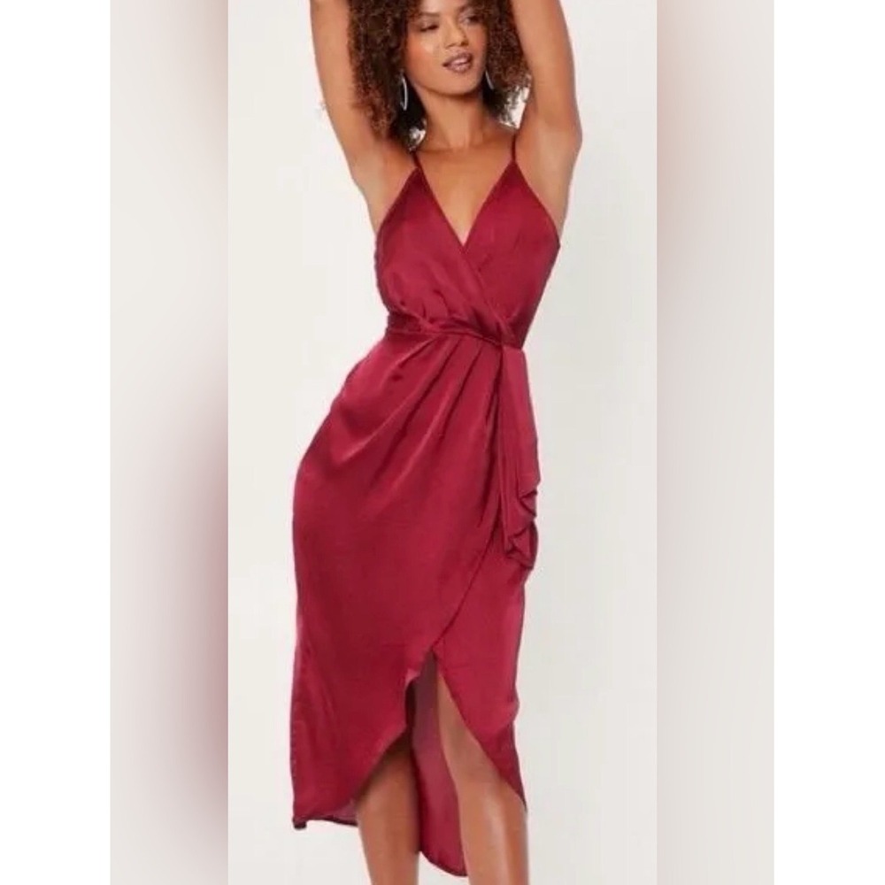 Nasty Gal Satin Midi Wrap Dress Women Size 6 Red NEW Love At First Sight
